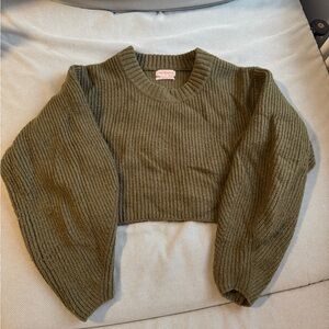 Olive Green Ribbed Knit Cropped Sweater